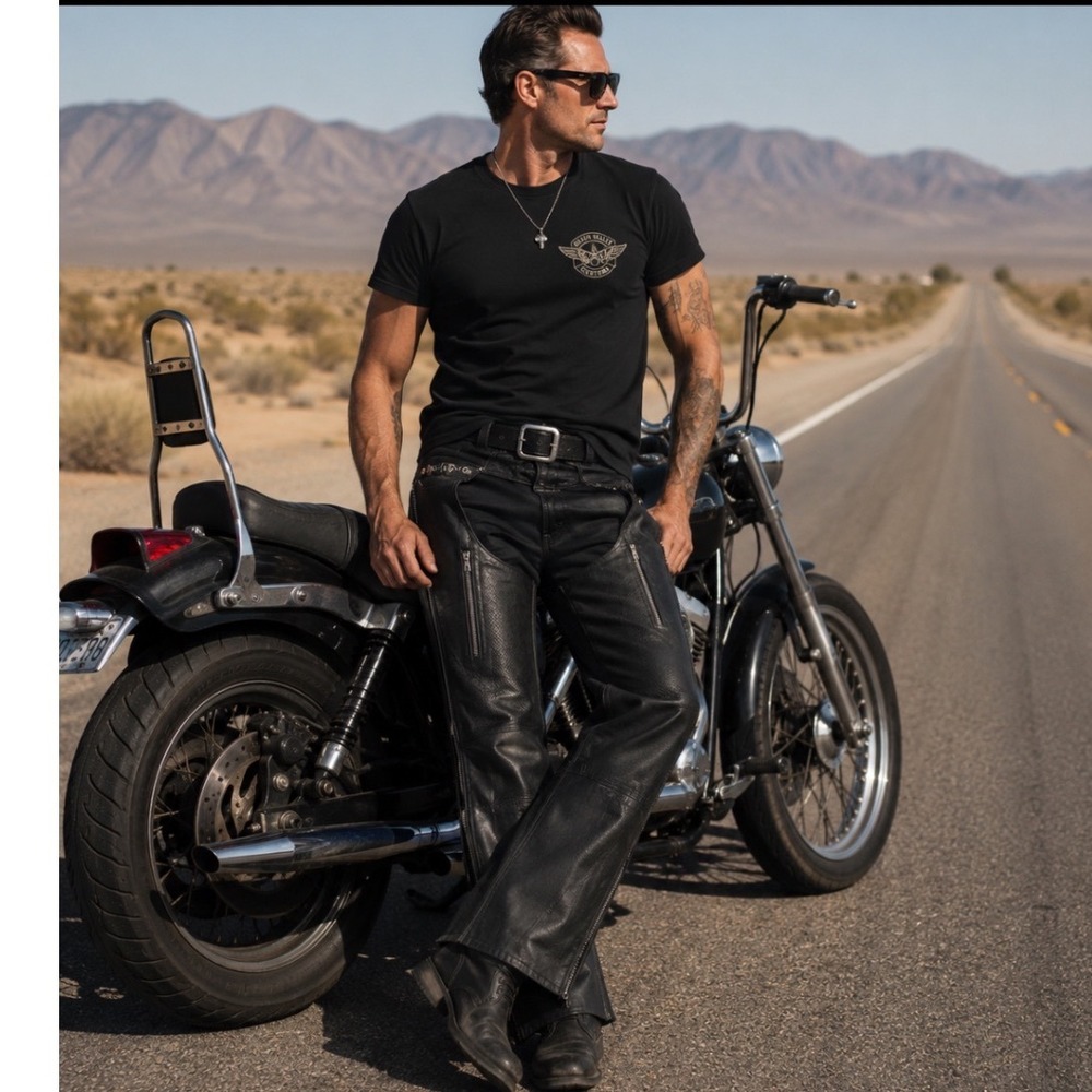 Xelement Men Black Leather Motorcycle Chaps Adjustable Belted Biker Gear Size 34